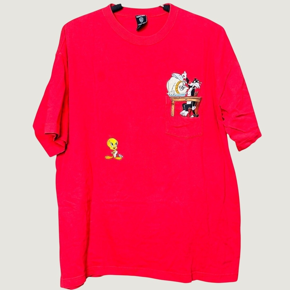 Vintage Warner Bros Looney Tunes Tweety Sylvester Dog Graphic T Shirt Size L Red